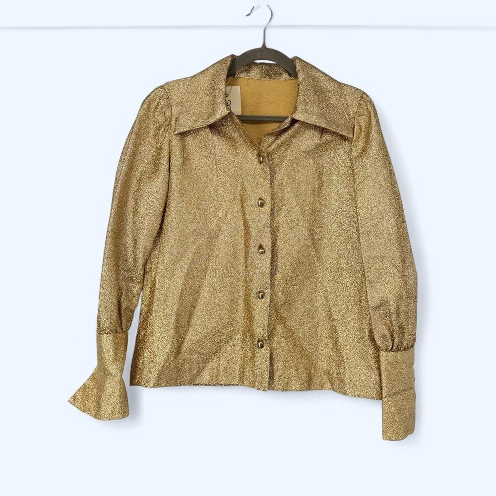 Gold Metallic Lame Dagger Collar Split Bell Cuff Disco Evening Blouse c. 1977